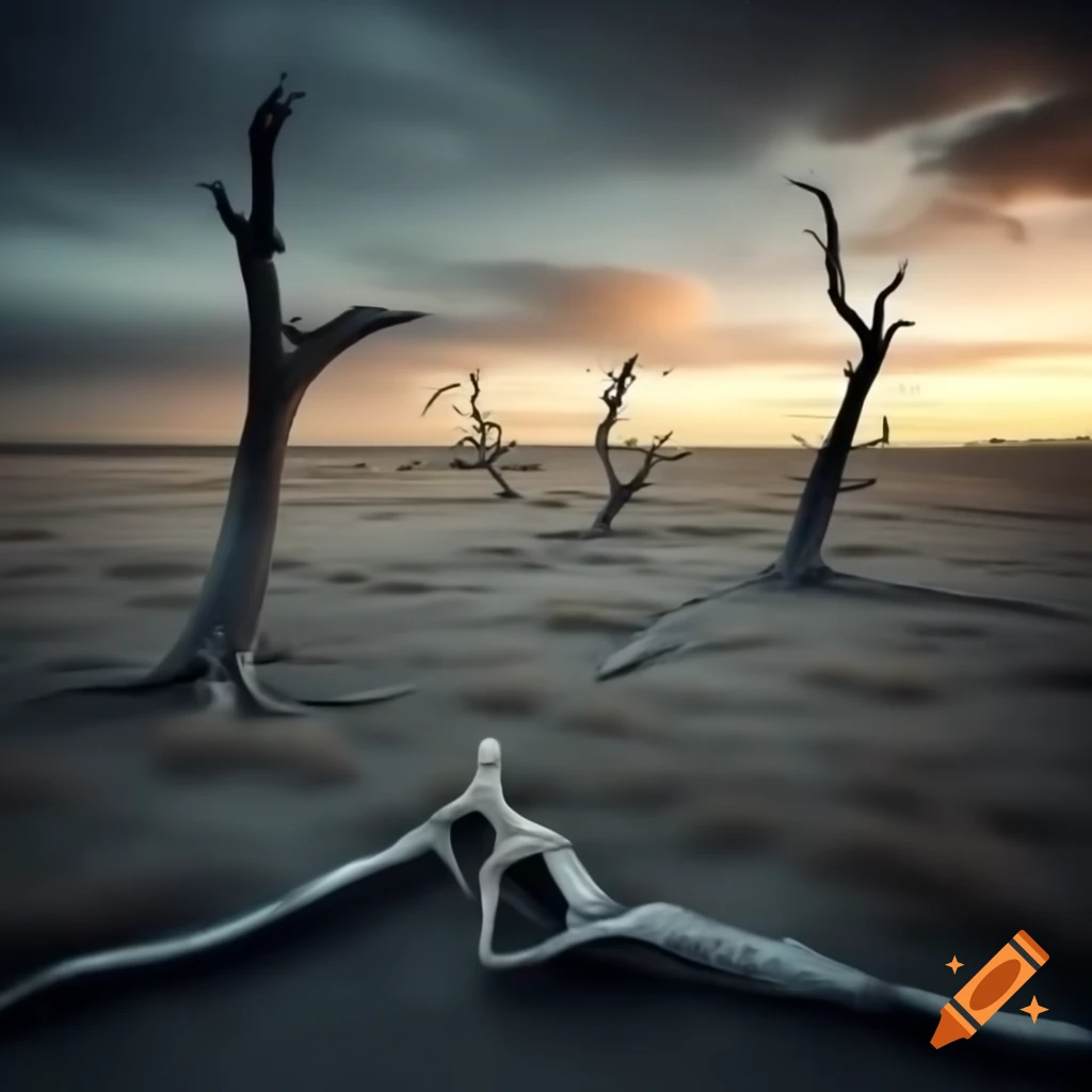 Gray flat landscape with dead trees and cirrus clouds at sunset