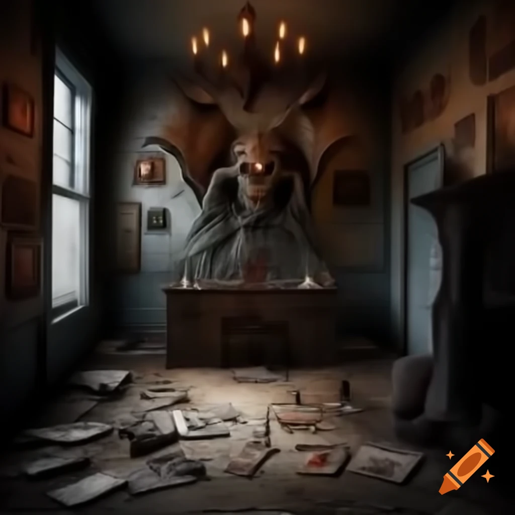 Scary room with demonic drawings and dark atmosphere