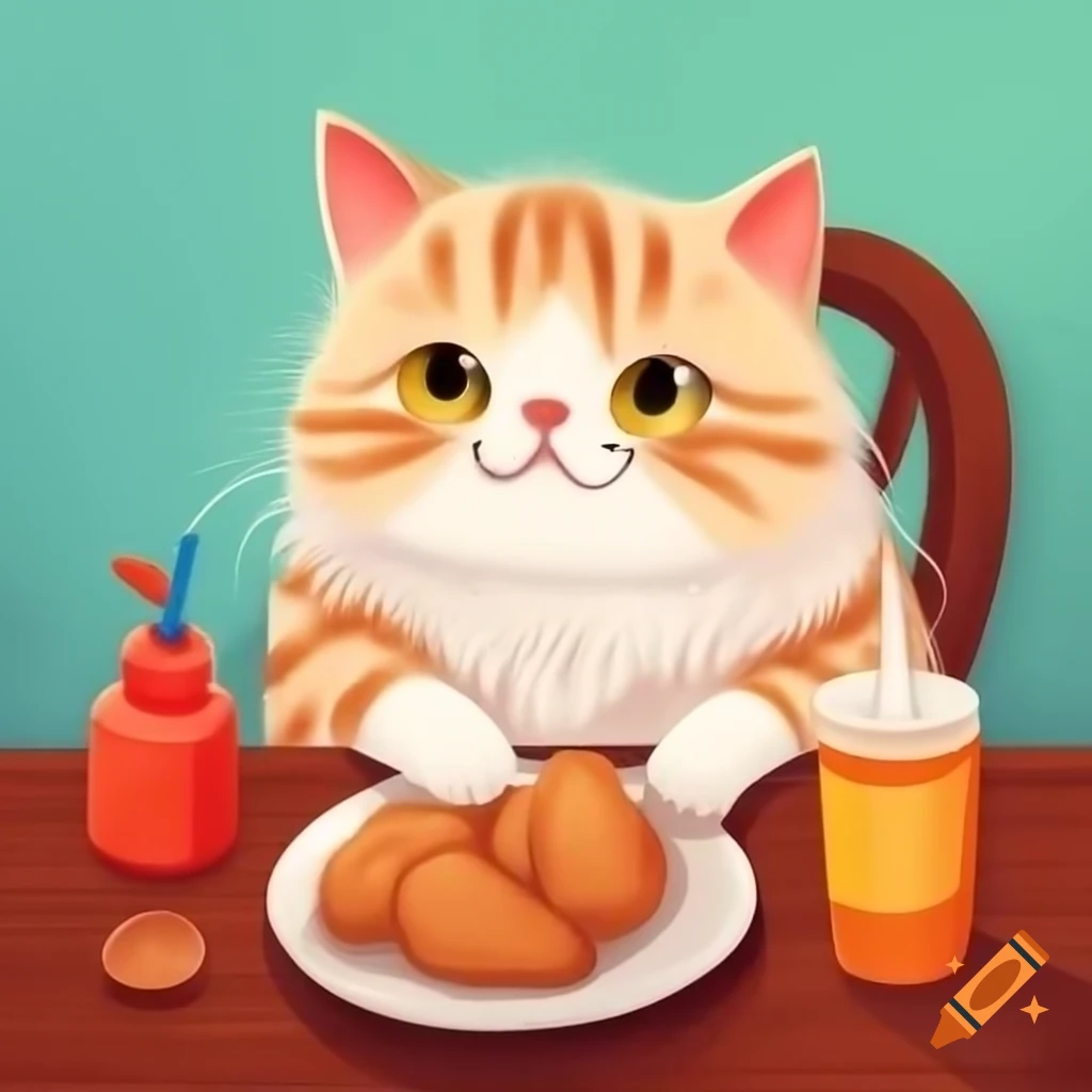 Fluffy cat eating chicken at table in colorful watercolor style