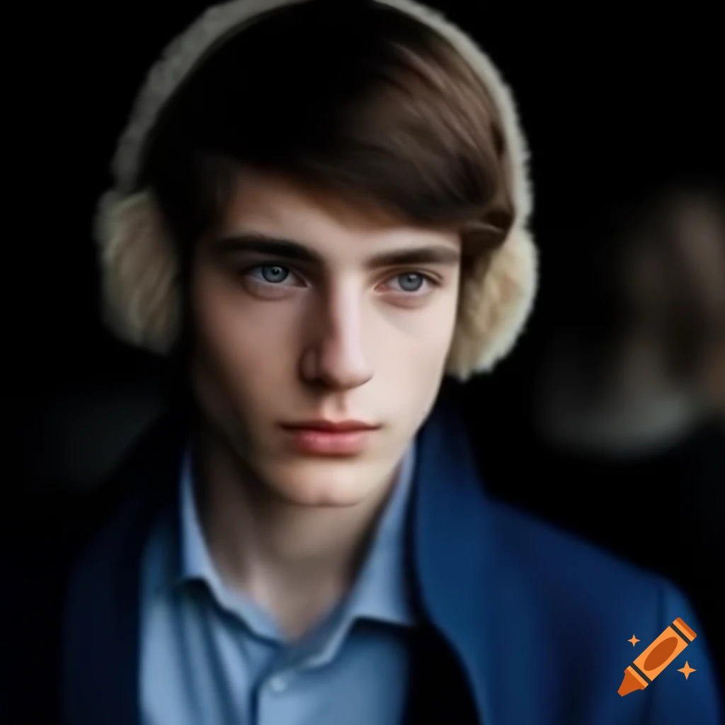 Close portrait of young suntanned European man in indigo blazer and earmuffs