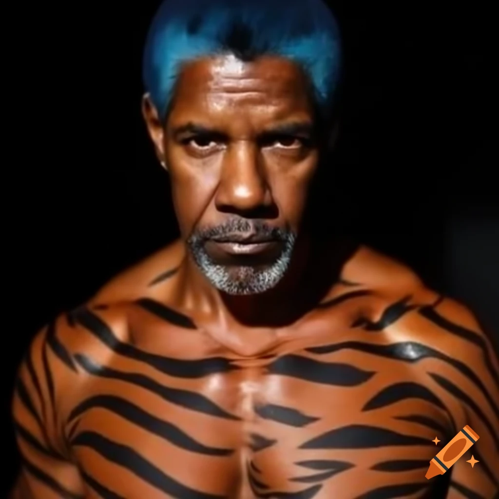 Muscular man with tiger-style makeup and blue hair, artistic representation