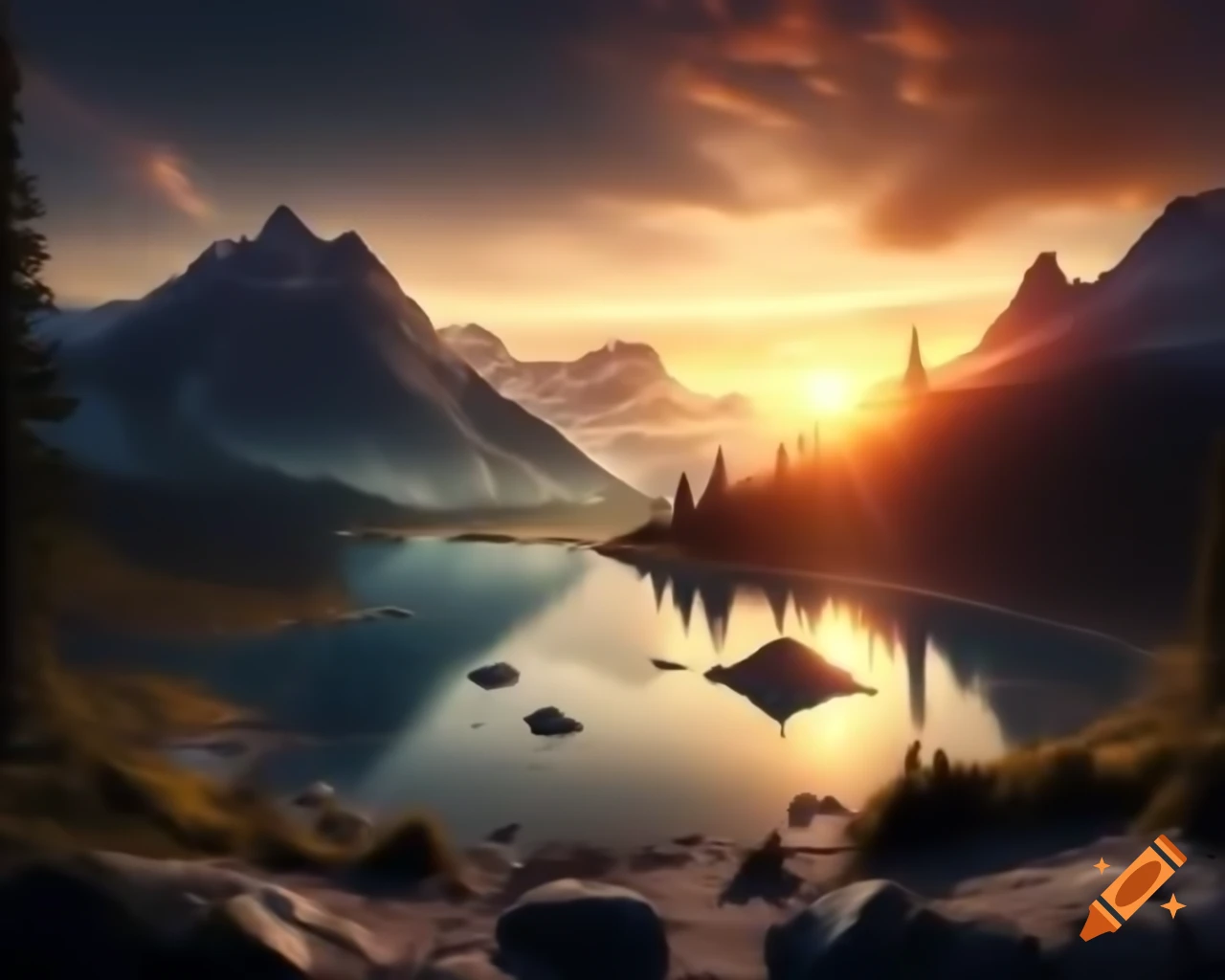 Photorealistic 3D render of mountain lake at sunset with sun rays and island