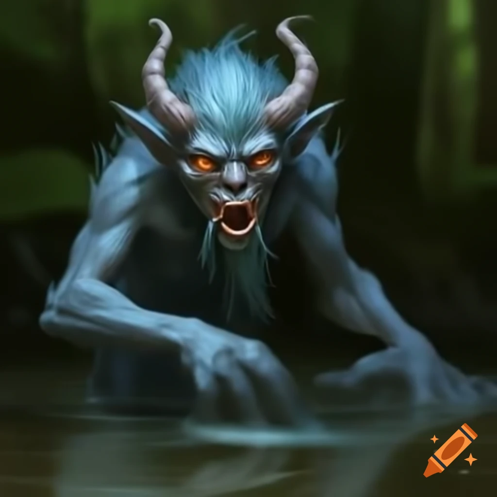 Demon fetching water in a mystical forest setting on craiyon