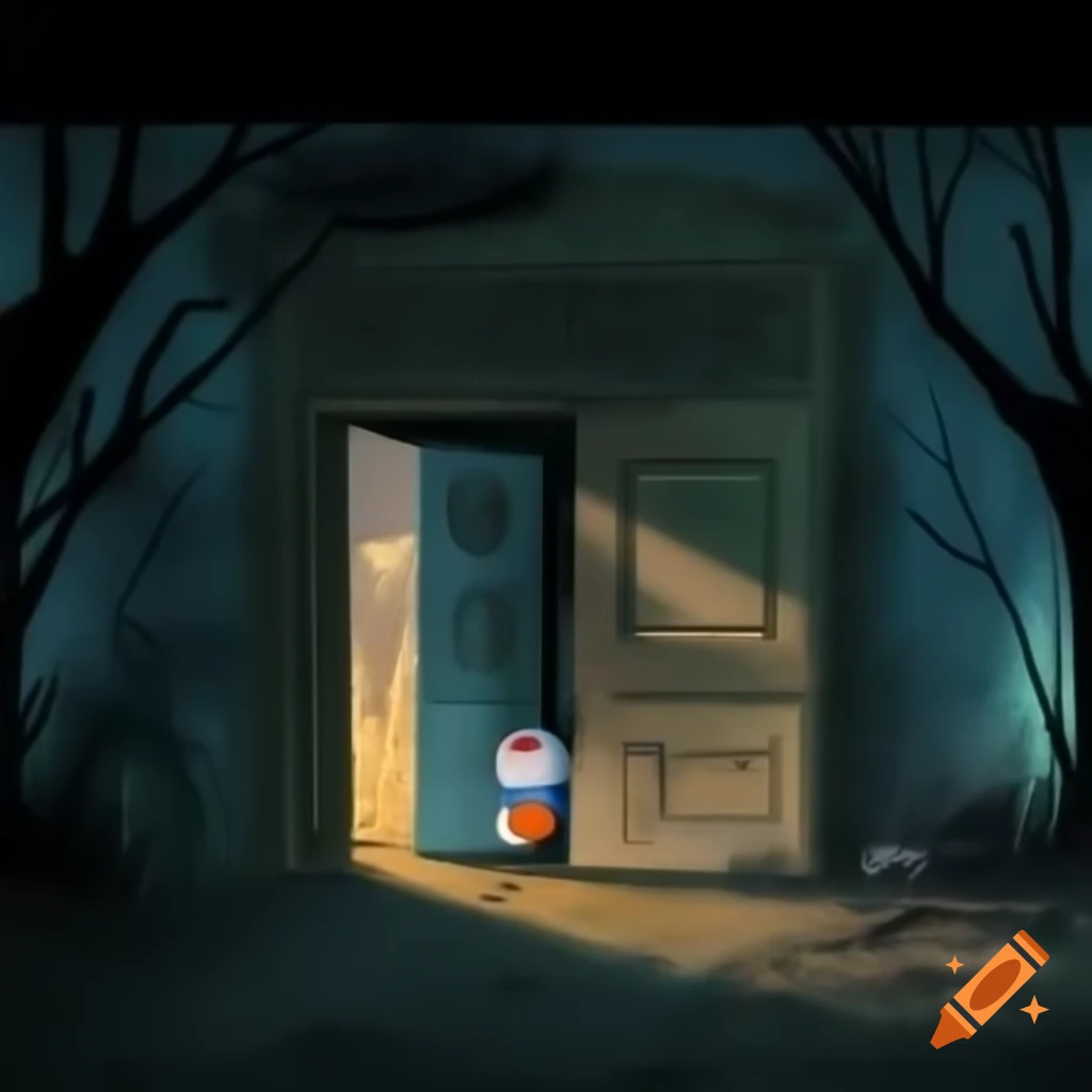 Nobita and Doraemon outside a dilapidated mansion under moonlight, showing curiosity and slight fear