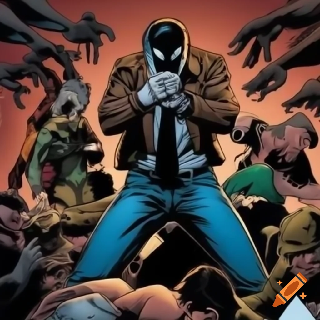 Comic book cover featuring masked man surrounded by criminals in fight scene