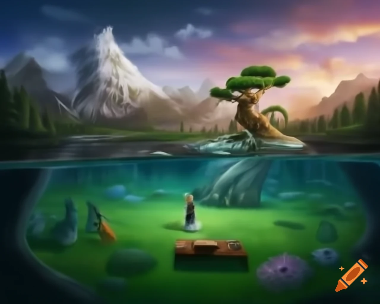 Surreal realm with fairy goddess on wooden table in enchanted forest