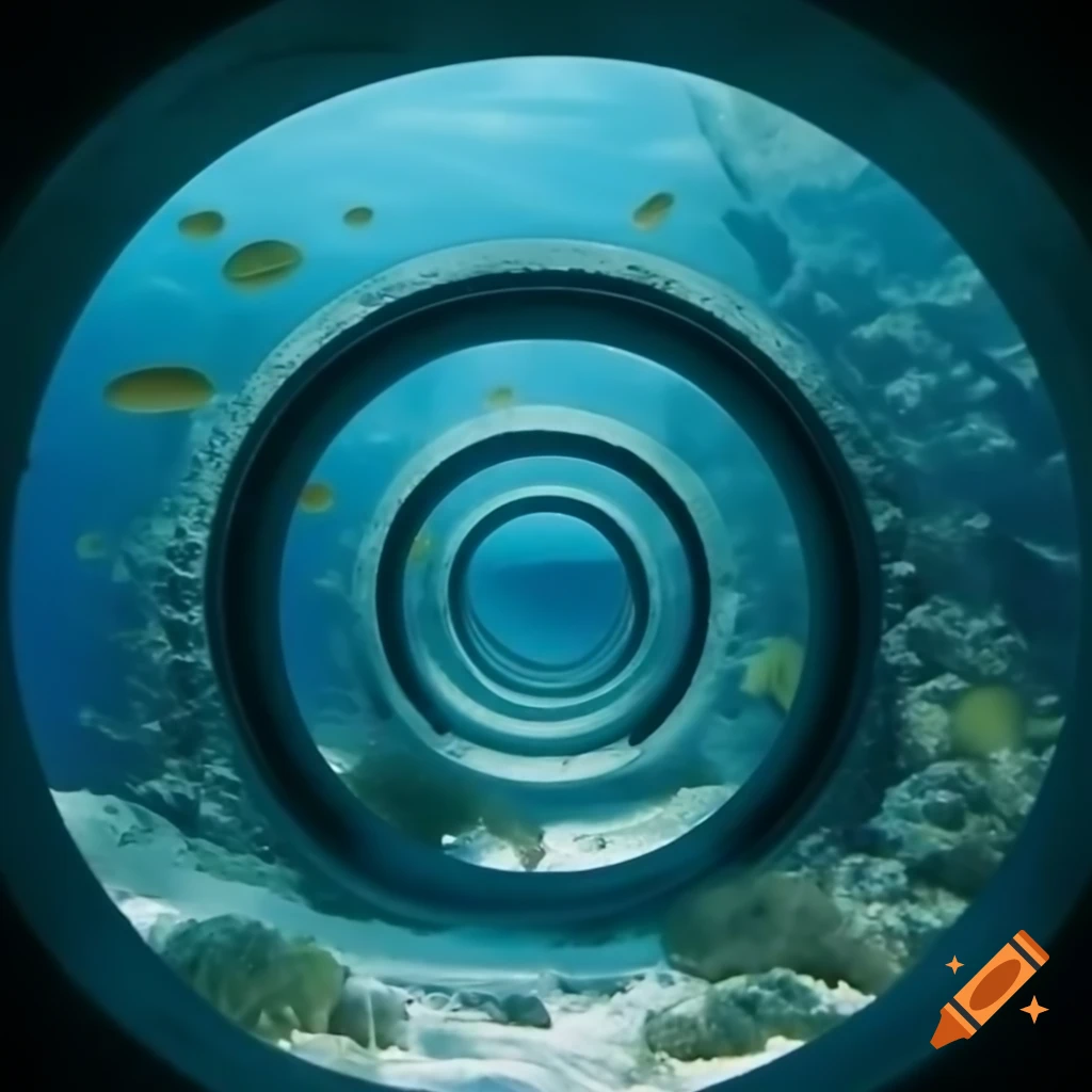 Underwater tunnel through coral reefs with small fish swimming