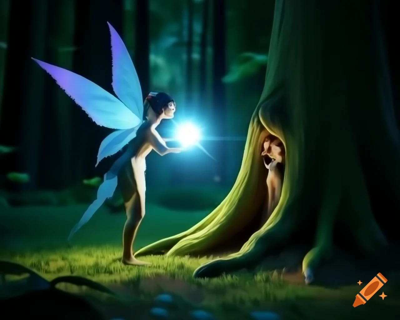 Photorealistic 3D render of a fairy standing by a tree in a forest