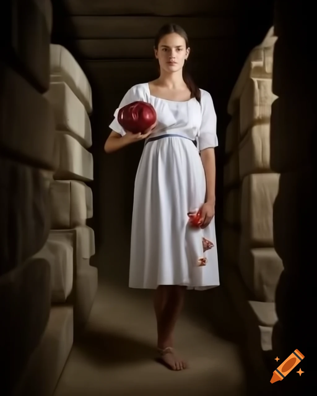 Young woman in antiquity-era dress at Greek temple holding halved pomegranate