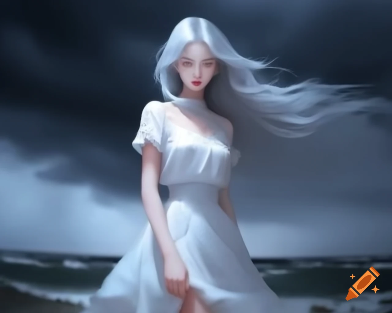 Silver long-haired girl in white dress amidst stormy weather