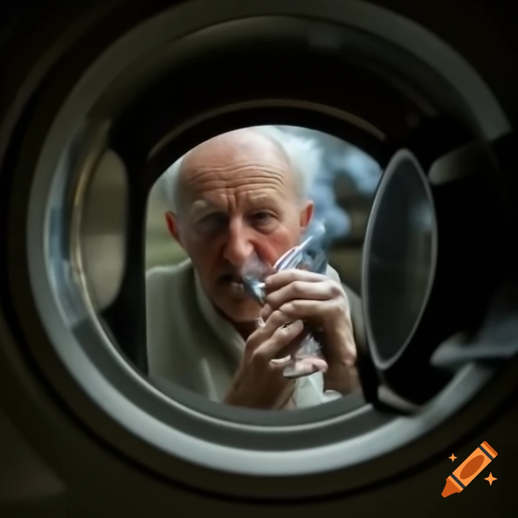 Old man trapped in washing machine, smoking pipe with visible smoke