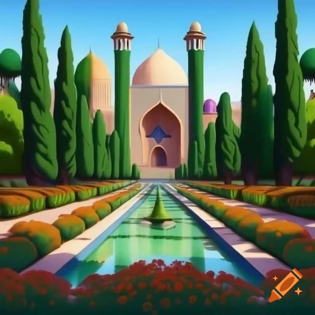 Persian garden painting featuring cypress trees, colorful flowers, and fountain