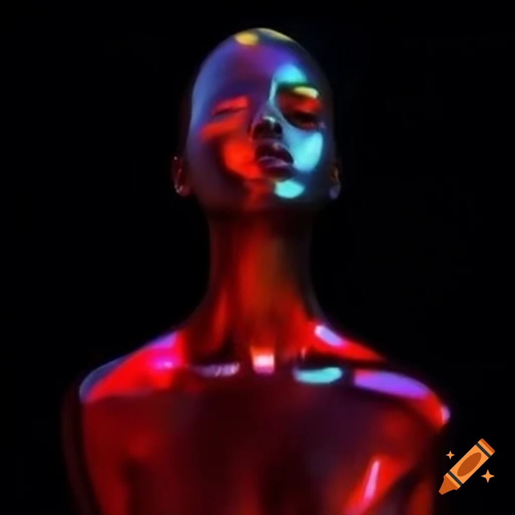 Iridescent red glass statue in pop surreal 2000's photography style