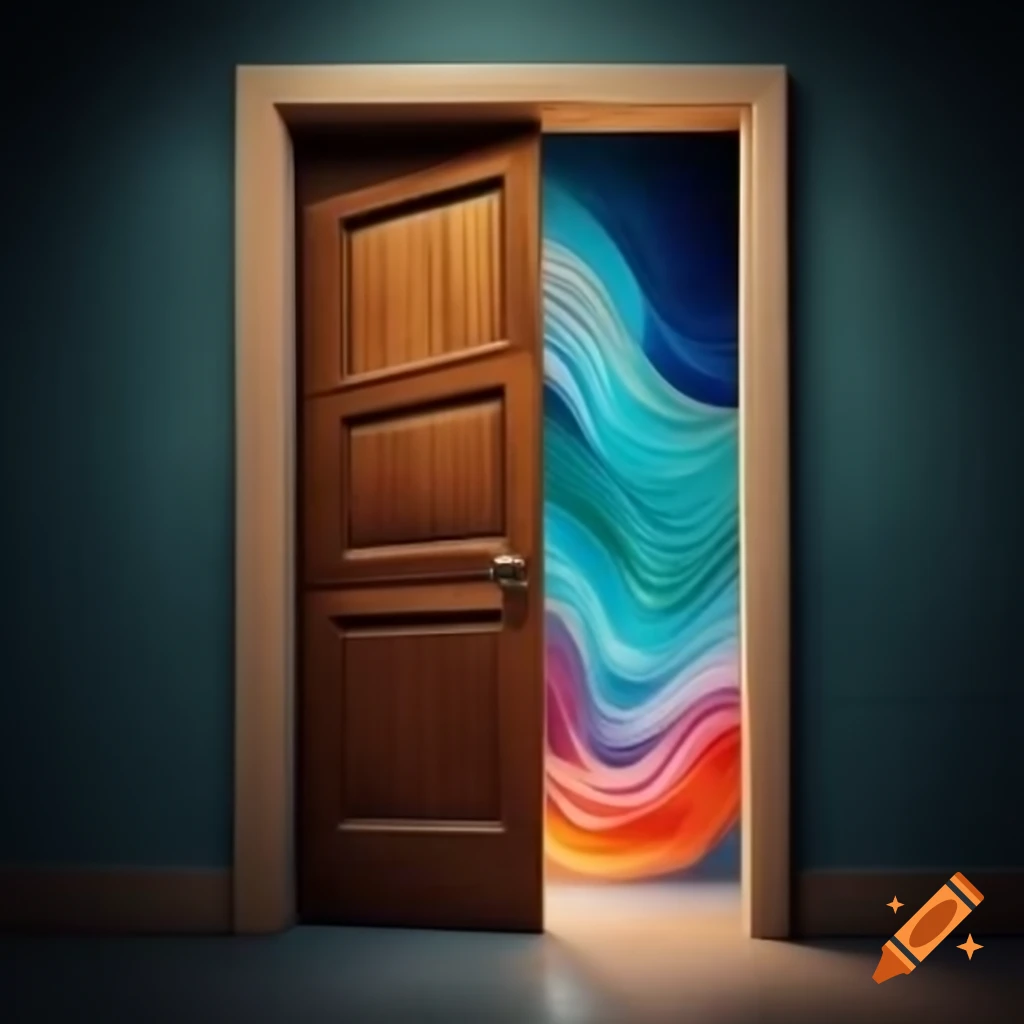 Heavy wooden door threshold with vibrant colors swirls