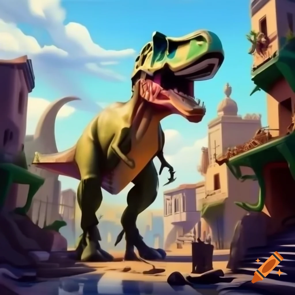 Vibrantly-painted Tyrannosaurus Rex in Rococo style causing chaos in Mediterranean village