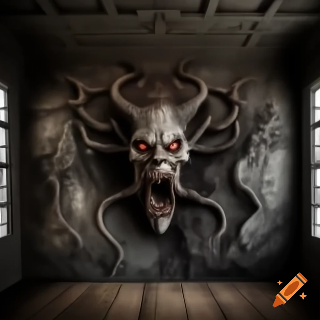 Realistic scary house interior with demonic drawings on walls