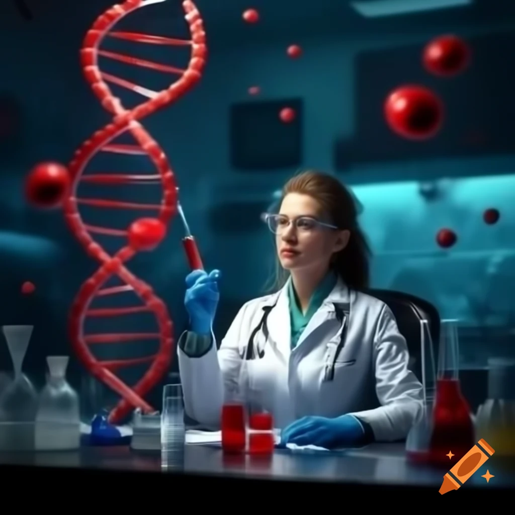 Elegant woman doctor in modern laboratory with DNA molecules and test tubes