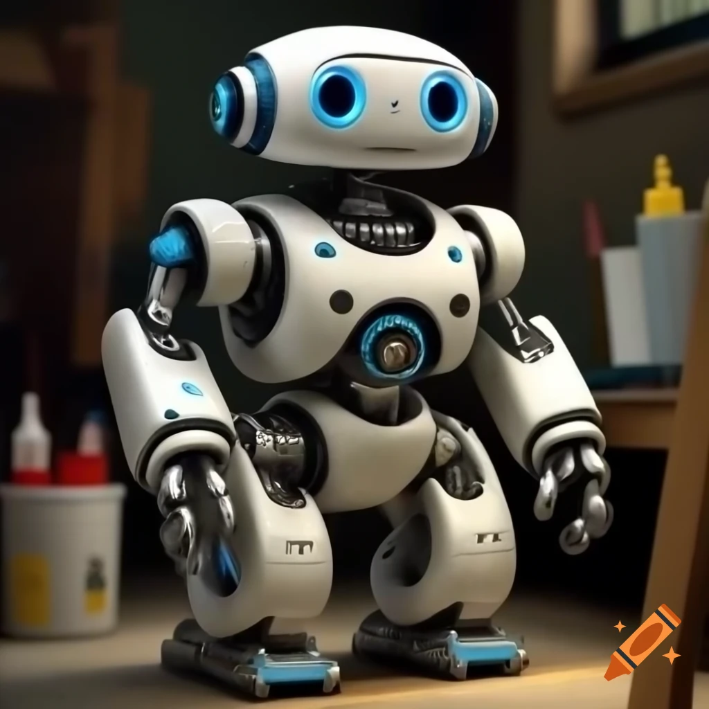 Friendly robot with white and blue components painting a picture