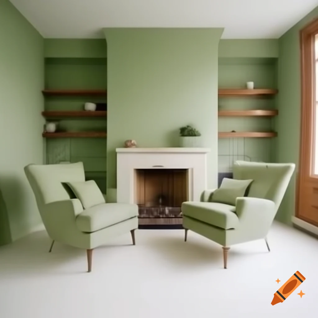 Living room with sandy yellow walls and green chairs, separated from kitchen by wooden countertop