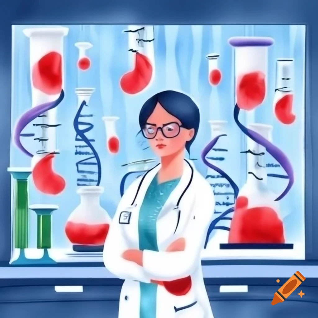 Elegant woman doctor in futuristic laboratory with DNA molecules and test tubes