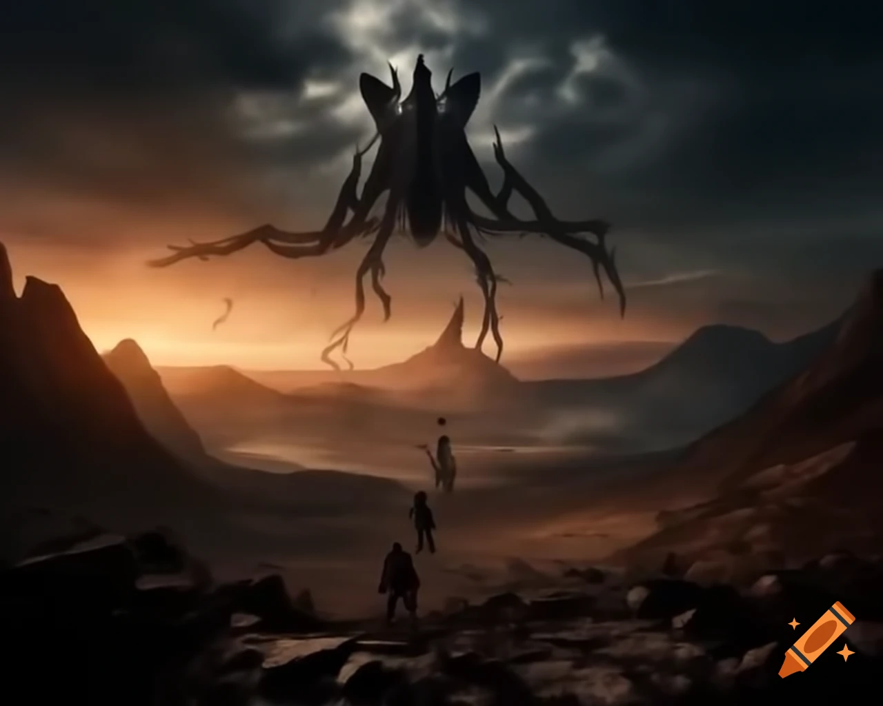 Menacing black sky over rocky mountain with solitary figures climbing through twilight