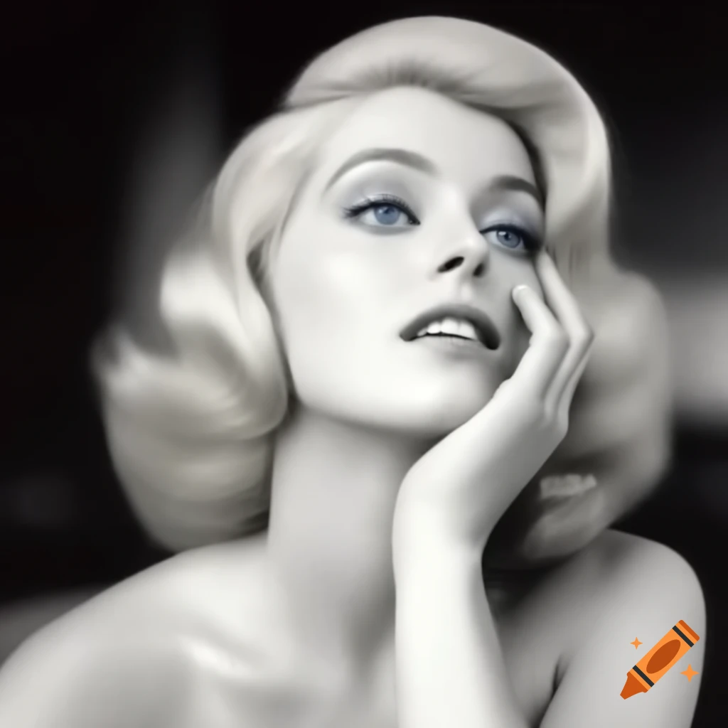 Hyper-realistic photograph of beautiful European actress from 1963 with porcelain skin and blue eyes
