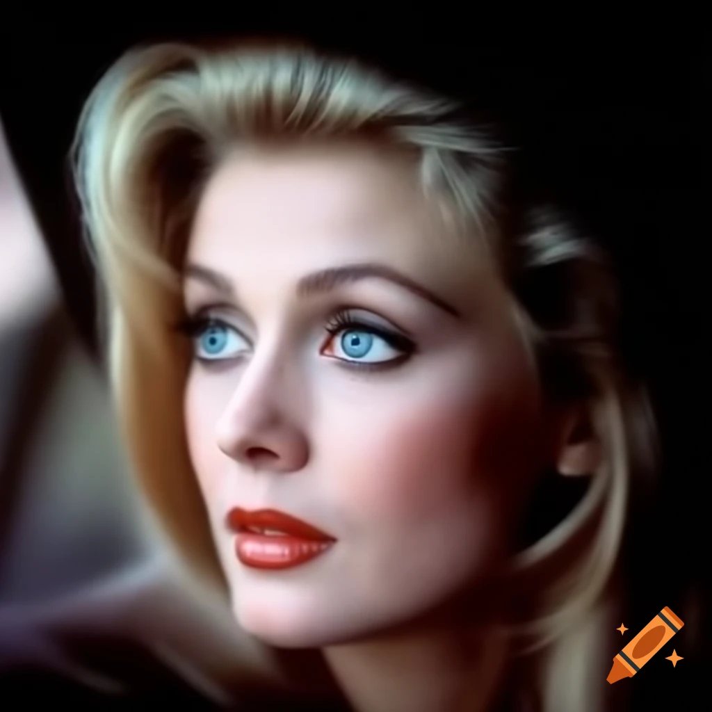 Hyper-realistic color photograph of a beautiful European actress from 1963 with porcelain skin and blue eyes