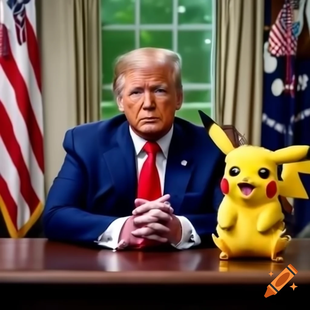 Donald Trump alongside Pikachu in a playful scene