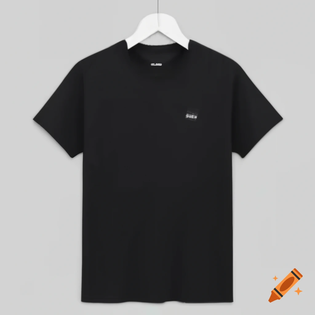Black t-shirt mockup on hanger with "HOLA..." text design