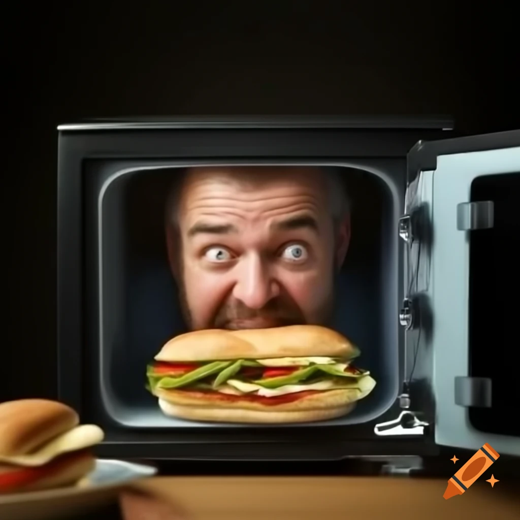 Man humorously stuck in microwave with sandwich, confused yet happy expression