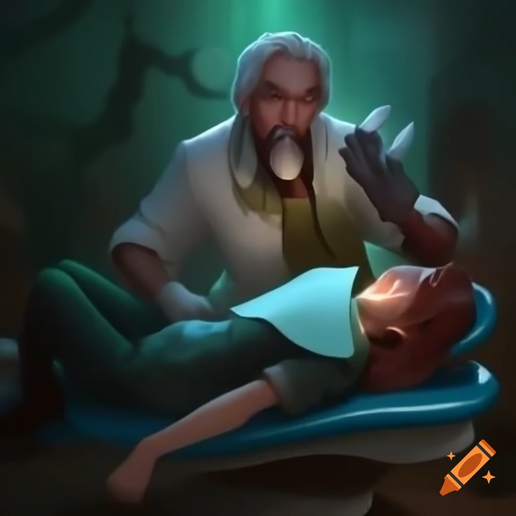 Fantasy dentist character prepared for battle in an epic scene