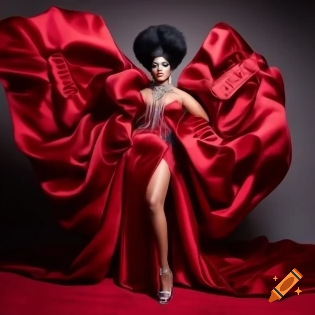 Felicitty Fierce in stunning crimson satin gown with dramatic train and beadwork on red carpet