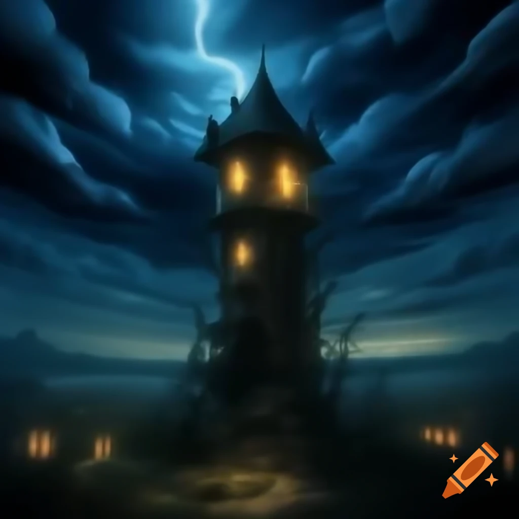 Cursed tower in night sky with lightning and glowing windows, large brushstrokes