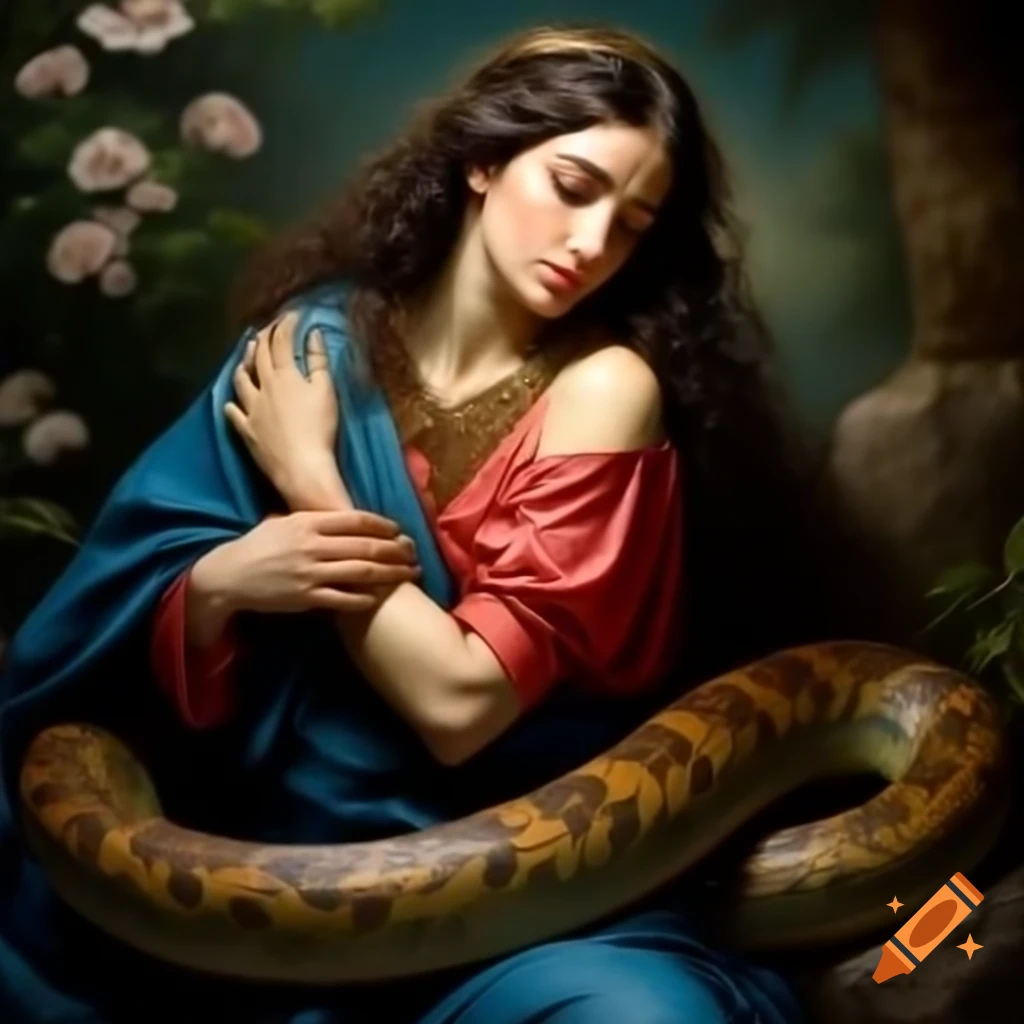 Virgin Mary Magdalene in lush garden with living snake, colorful attire