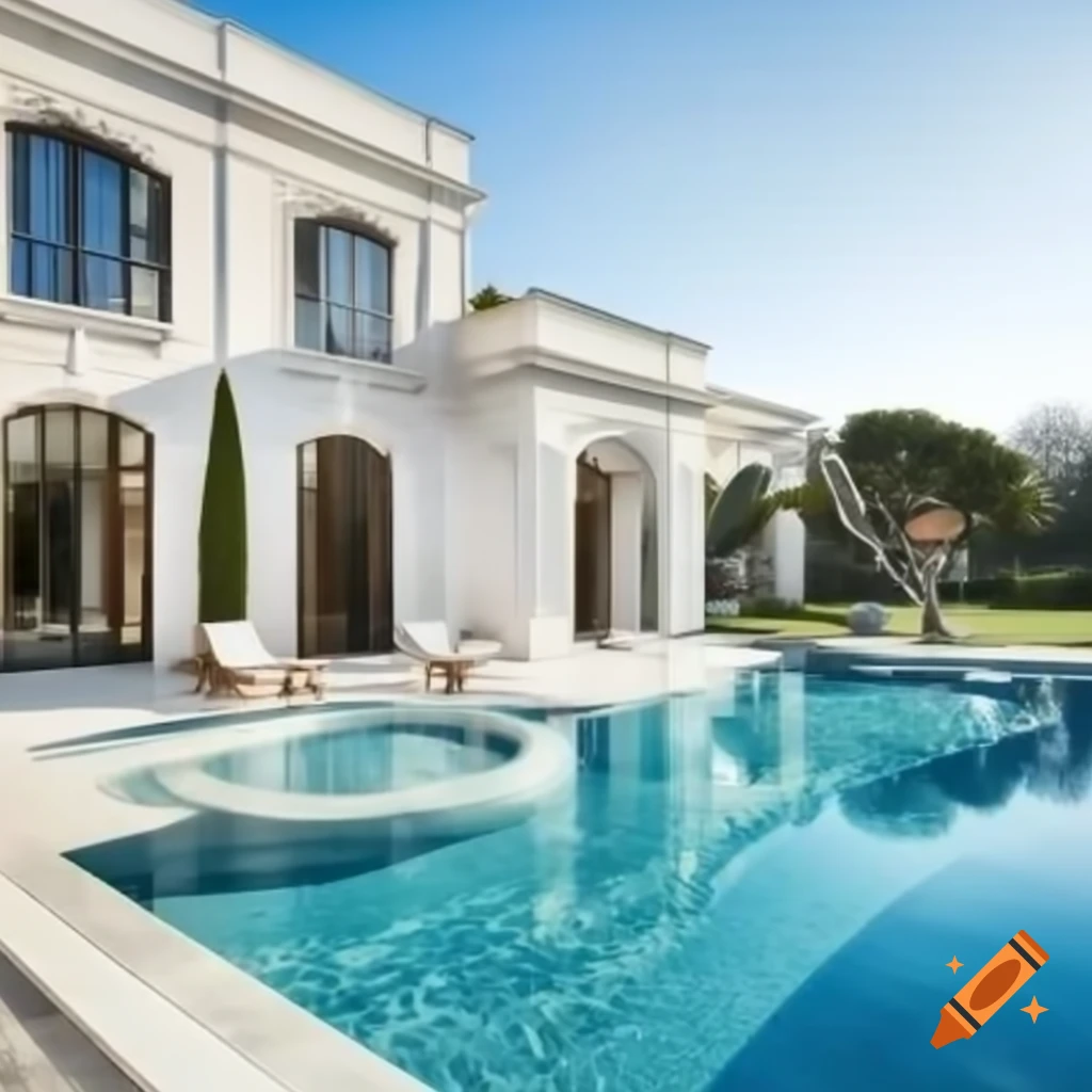 Luxurious villa with marble walls, large garden, swimming pool, and slides