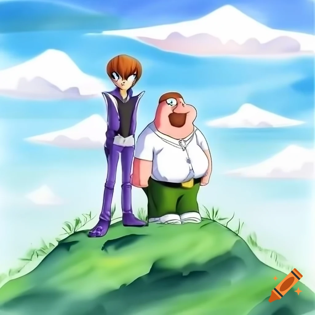 Seto Kaiba and Peter Griffin on mountain top during summer evening