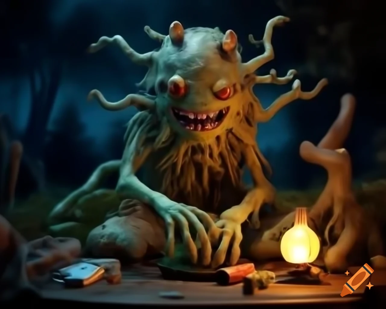 Hyper-realistic 3D tree monster with human-like teeth and fangs on wooden table surrounded by gluttony props and an orb in dark woods