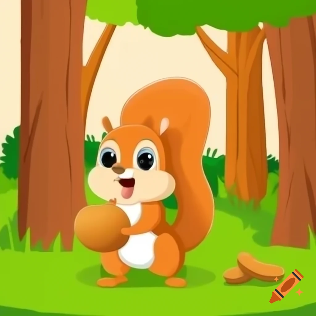 Happy squirrel in forest holding nut with confused expression