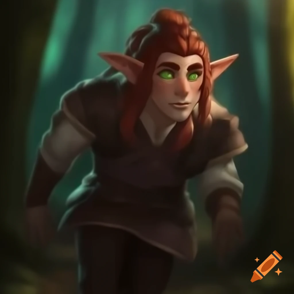 Male halfling cleric walking through woods with reddish-brown hair and green eyes