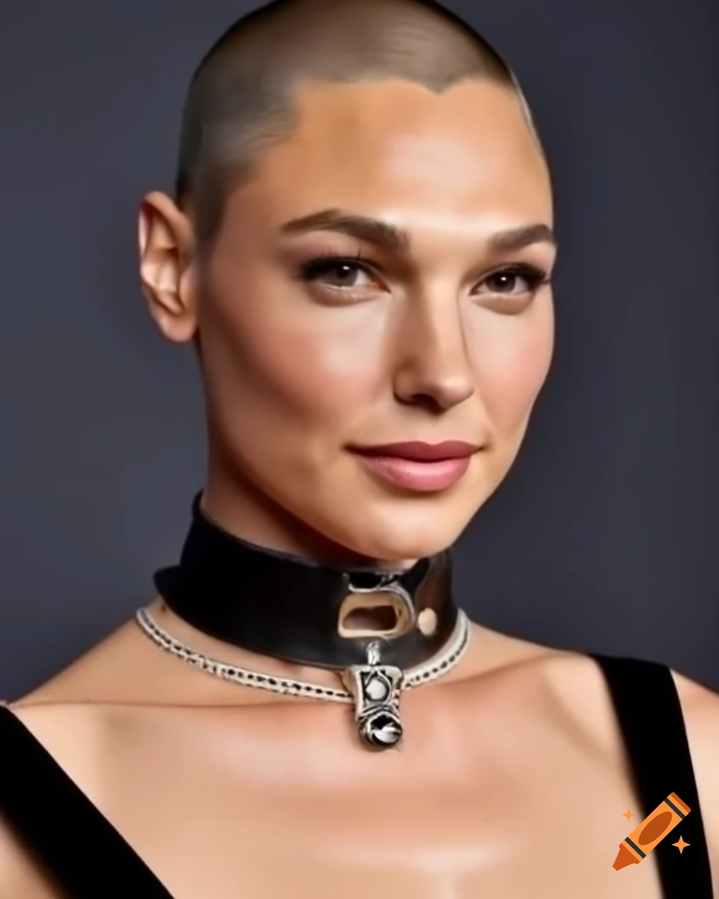 Gal Gadot with shaved head, leather choker, and low cut dress