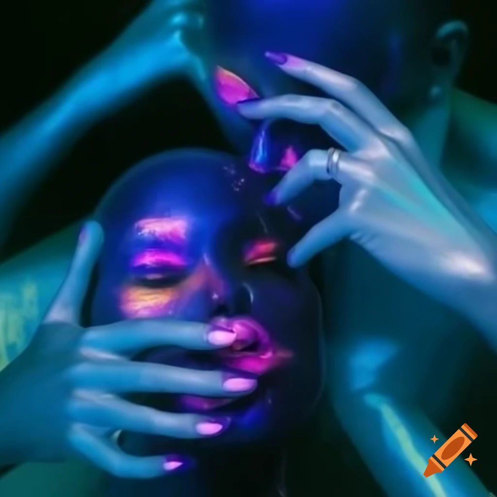 Psychedelic couple with iridescent glass statue in vibrant 2000's photography style