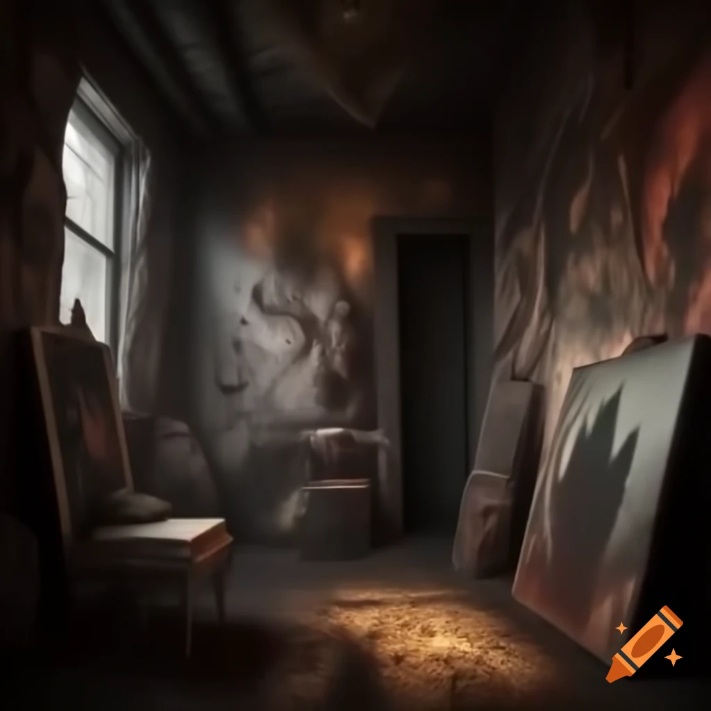 Scary house with large room featuring demonic drawings on walls