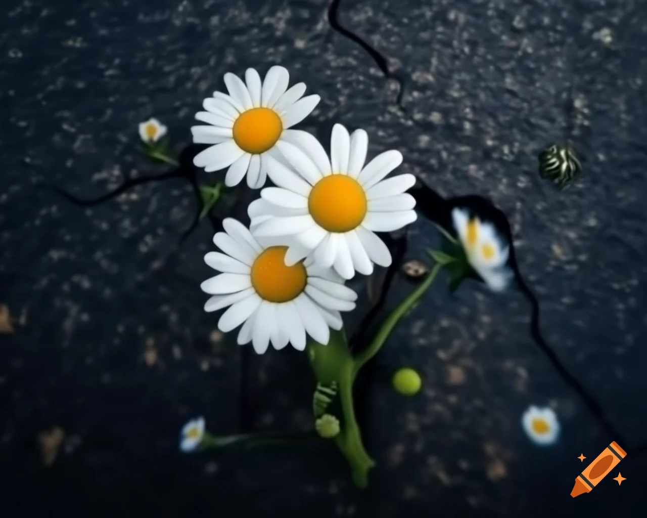 Close-up of daisies growing in cracked asphalt on abandoned city street, high-detail painting