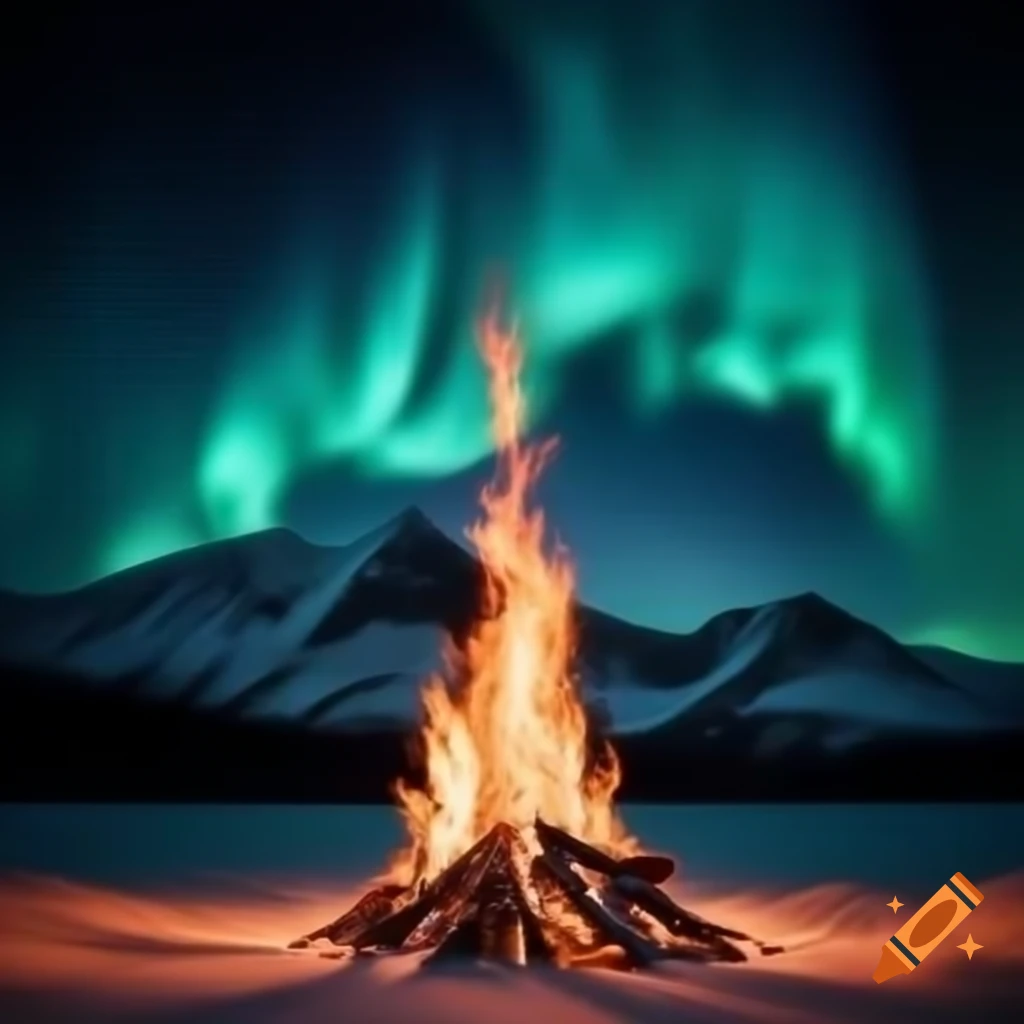 Fire in foreground with silhouetted mountains and northern lights in winter sky