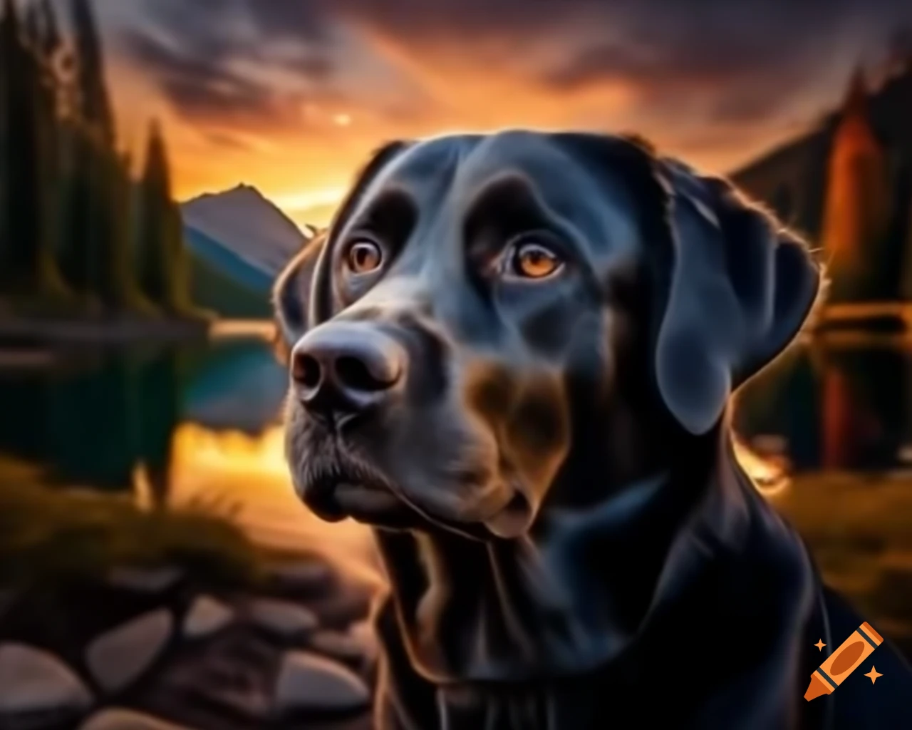 Black Labrador Retriever close-up in forest with trees background