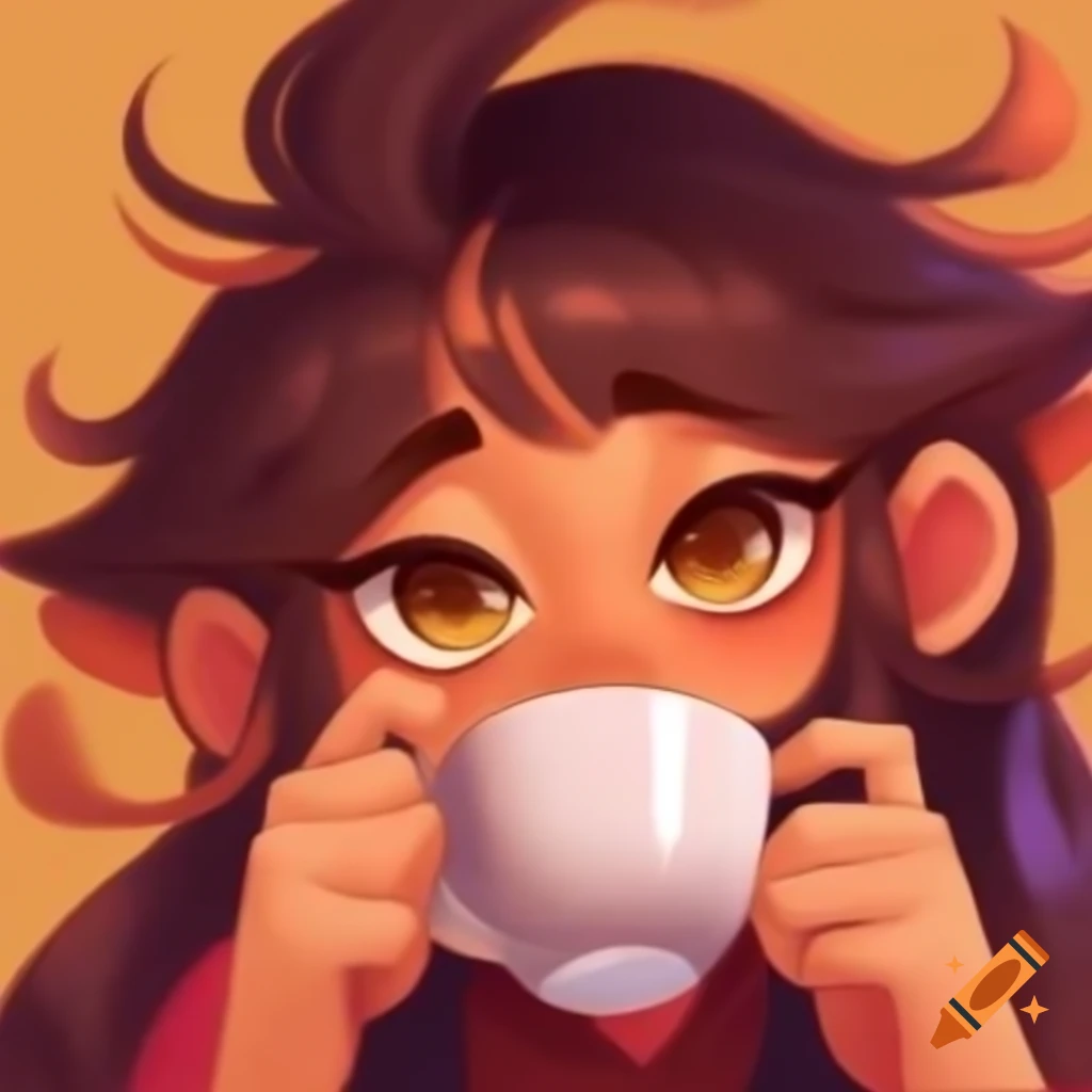 Chill character with oversized eyes enjoying coffee in warm colors