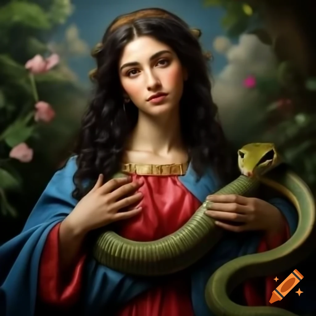 Virgin Mary Magdalene in lush garden with living snake, colorful attire
