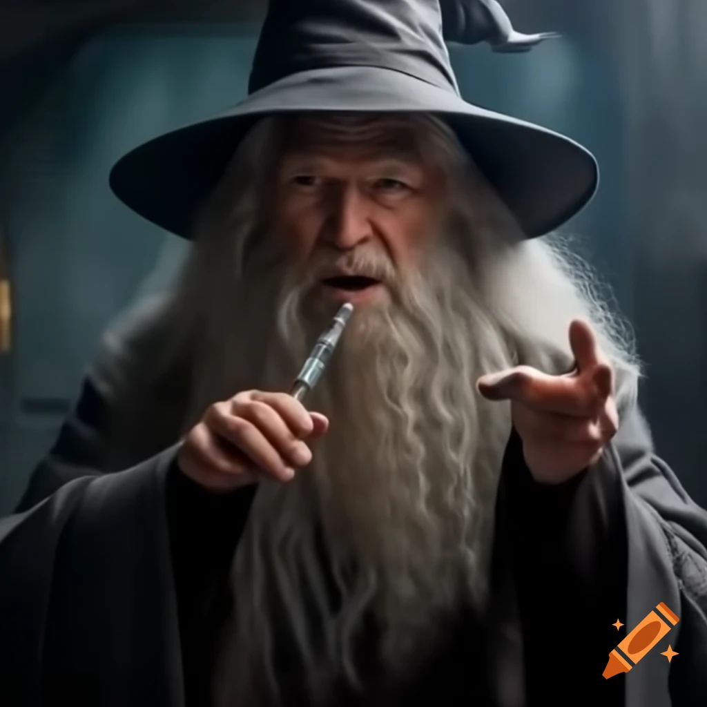 Healthcare professional as Gandalf holding a vaccine and shouting