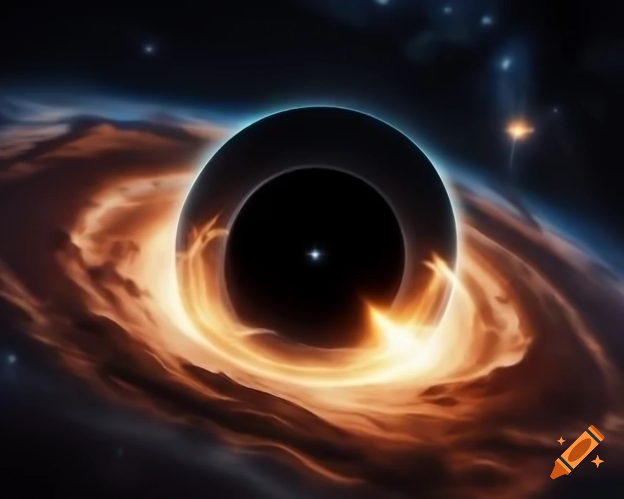 Realistic black hole in star-filled space with artistic anamorphic lens flare