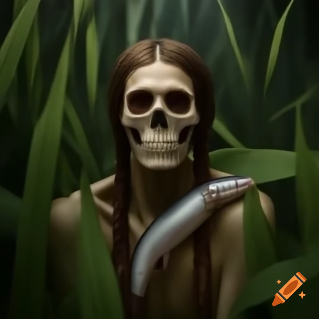 Creative depiction of a man with fish skeleton braids emerging from his head